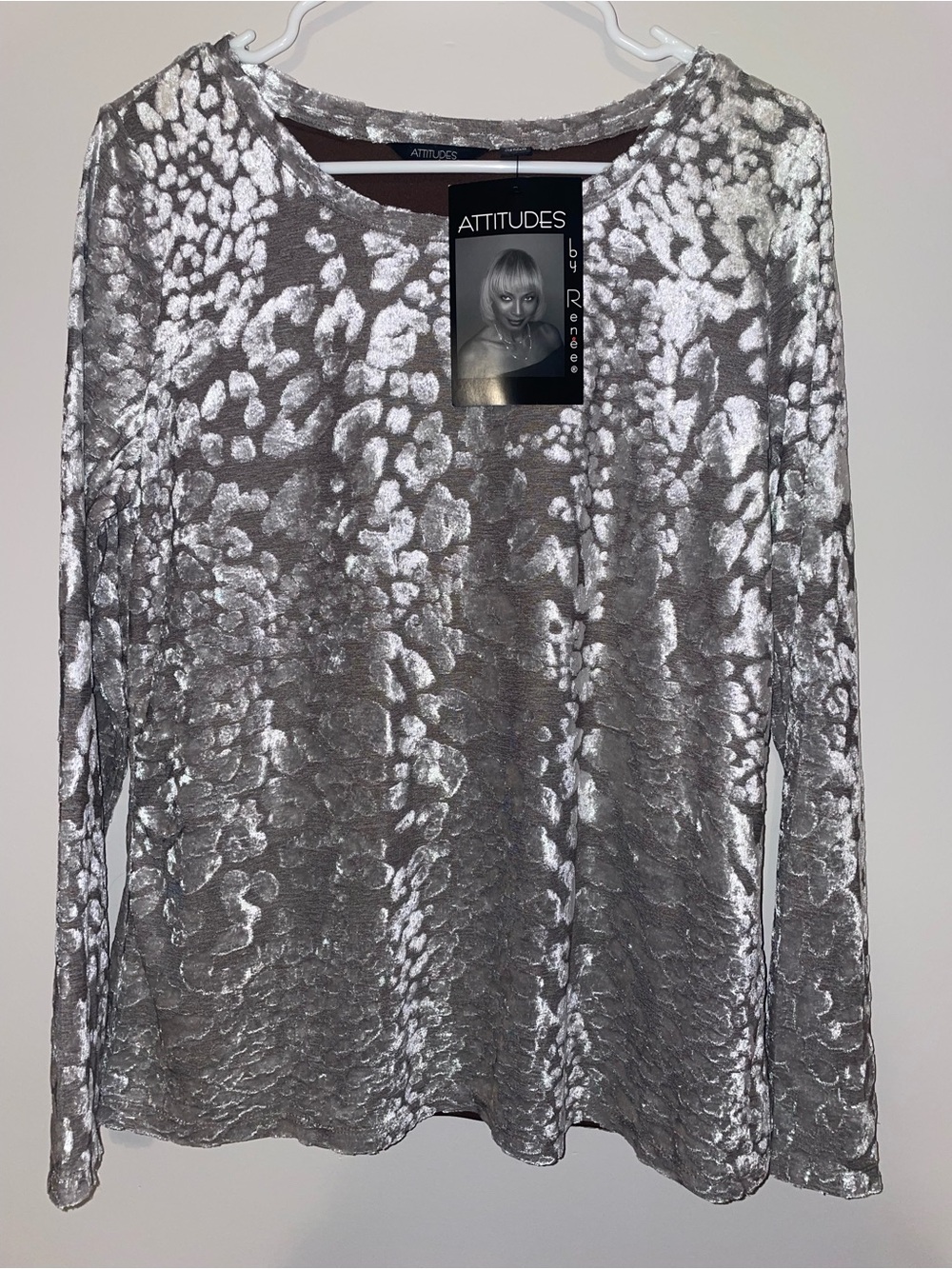 Attitudes by Renee Silver Crushed Velvet Long Sleeve Tee